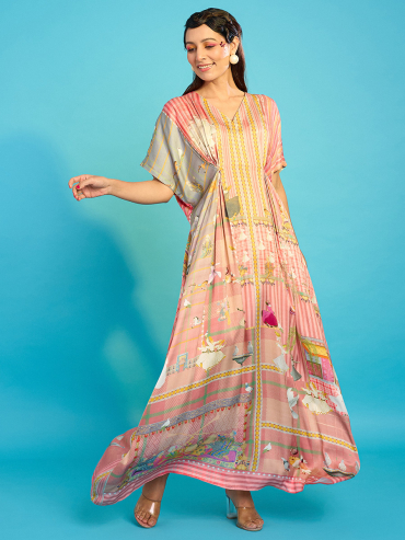 The Boozy Button Happy Pink Satin Silk Long Kaftan