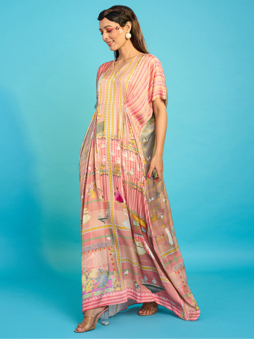 The Boozy Button Happy Pink Satin Silk Long Kaftan