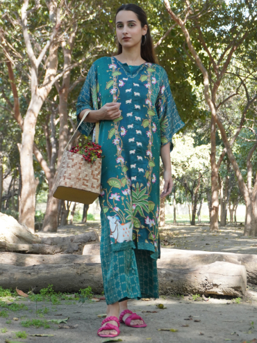 The Boozy Button Heer Blue Cotton Silk Kaftan Pant