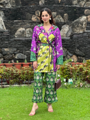 The Boozy Button Blush Green Cotton Silk Robe Pant Co Ord Set