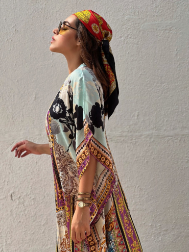 The Boozy Button Summer Rain Brown Cotton Silk Short Kaftan