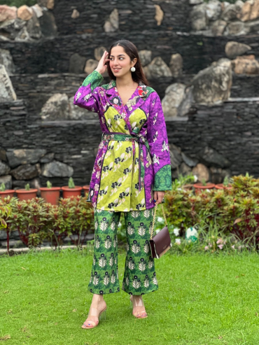 The Boozy Button Blush Green Cotton Silk Robe Pant Co Ord Set