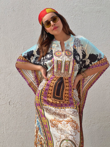 The Boozy Button Summer Rain Brown Cotton Silk Short Kaftan Plus Size