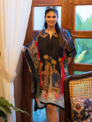 The Boozy Button Charlotte Black Cotton Silk Short Kaftan