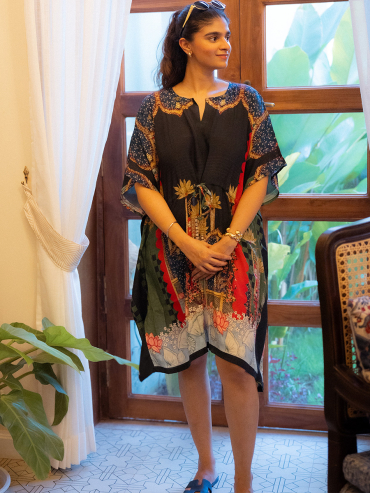 The Boozy Button Charlotte Black Cotton Silk Short Kaftan