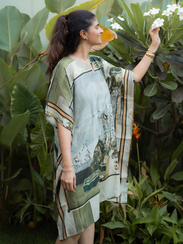 The Boozy Button Fort Green Cotton Silk Short Kaftan