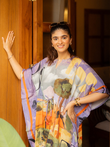 The Boozy Button Groove Purple Cotton Silk Short Kaftan