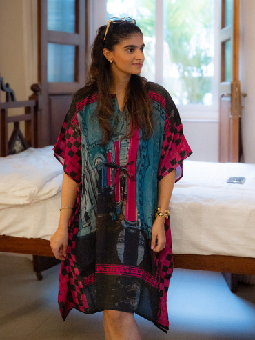 The Boozy Button Zoe Blue Cotton Silk Short Kaftan