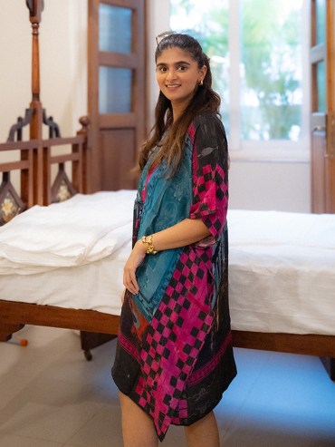 The Boozy Button Zoe Blue Cotton Silk Short Kaftan