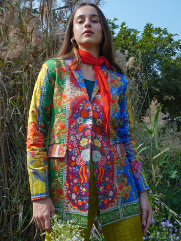 The Boozy Button Grass Blue Cotton Silk Coat Pant