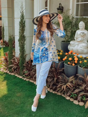 The Boozy Button Seaside Light Blue Cotton Silk Tunic