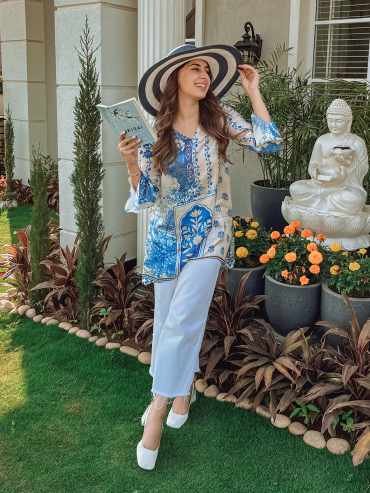 The Boozy Button Seaside Light Blue Cotton Silk Tunic Plus Size