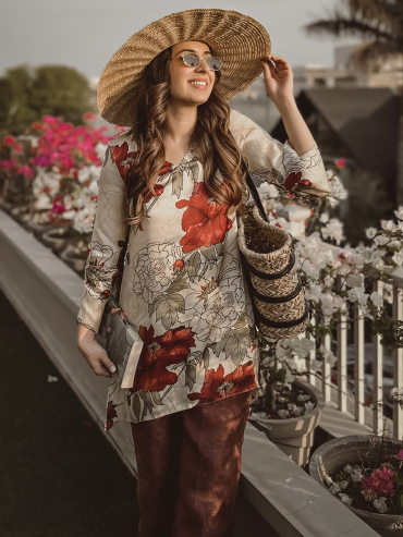 The Boozy Button Floral Brunching Cream Cotton Silk Tunic Plus Size