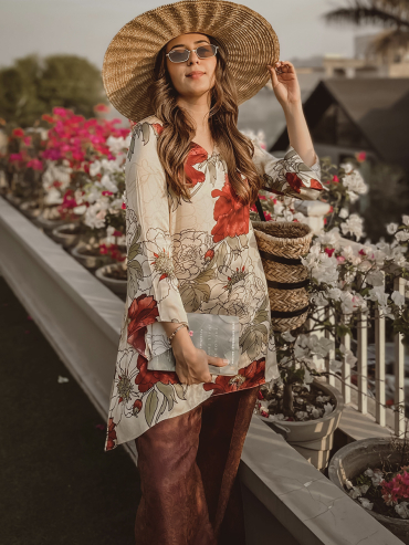 The Boozy Button Floral Brunching Cream Cotton Silk Tunic