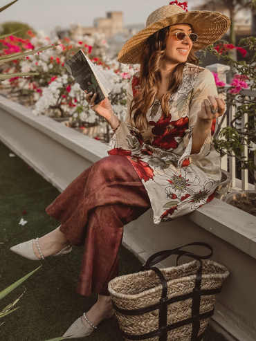 The Boozy Button Floral Brunching Cream Cotton Silk Tunic Plus Size