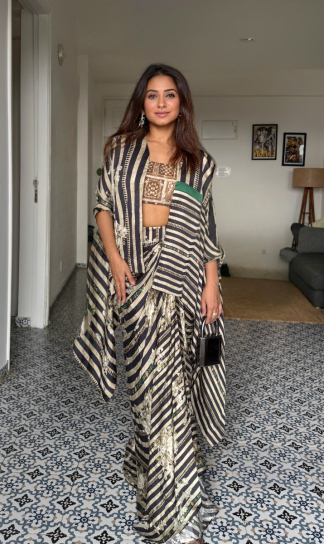 The Boozy Button Caramel Expresso Black Cotton Silk Cape Skirt And Blouse Co Ord Set