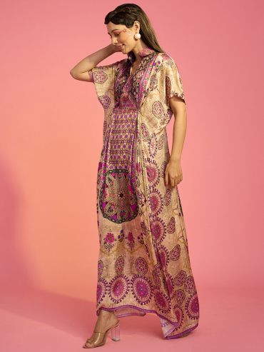 The Boozy Button Jalebi Purple Satin Silk Long Kaftan