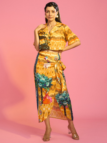 The Boozy Button Jim Corbett Drape Yellow Cotton Silk Skirt And Top Co Ord Set