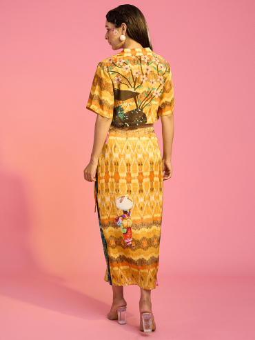 The Boozy Button Jim Corbett Drape Yellow Cotton Silk Skirt And Top Co Ord Set
