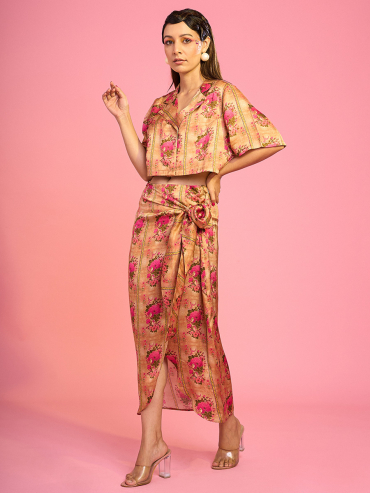 The Boozy Button Meerab Drape Brown Cotton Silk Skirt And Top Co Ord Set Plus Size