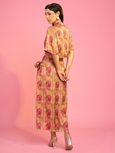 The Boozy Button Meerab Drape Brown Cotton Silk Skirt And Top Co Ord Set