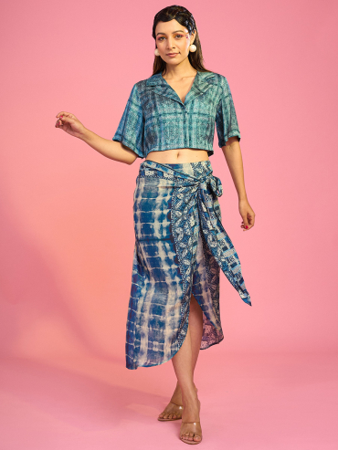 The Boozy Button Murtasim Blue Cotton Silk Skirt And Top Co Ord Set