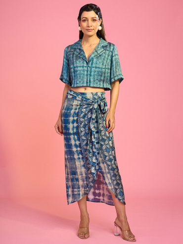 The Boozy Button Murtasim Blue Cotton Silk Skirt And Top Co Ord Set Plus Size