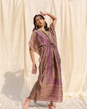 The Boozy Button Olive Cotton Silk Long Kaftan