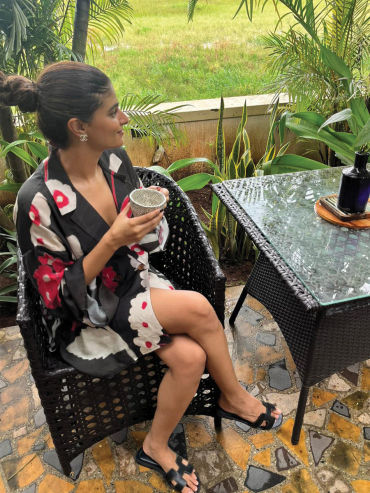 The Boozy Button Black Coffee Floral Cotton Silk Top Plus Size