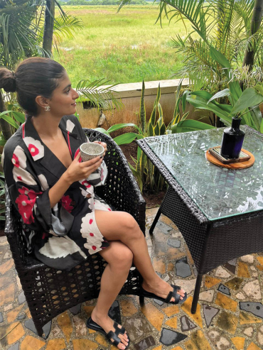 The Boozy Button Black Coffee Floral Cotton Silk Top Plus Size