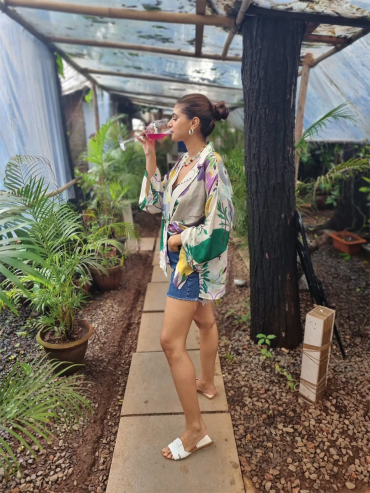 The Boozy Button Patchouli Floral Cream Cotton Silk Top