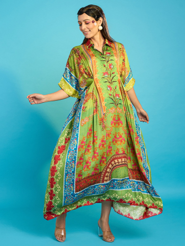 The Boozy Button Raabta Green Satin Silk Long Kaftan