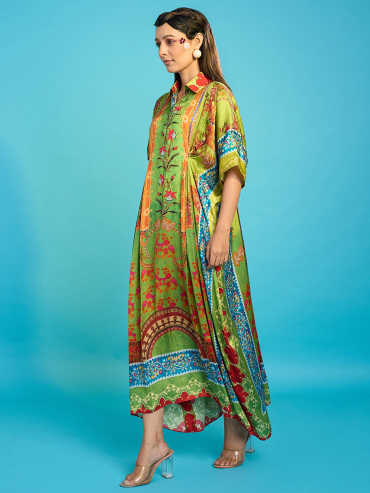 The Boozy Button Raabta Green Satin Silk Long Kaftan