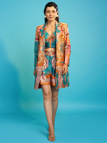 The Boozy Button Rashke Qama Blue Cotton Silk Blazer Shorts