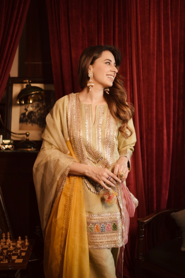 The Boozy Button Sitara Peach Peach Kurti Pant Dupatta