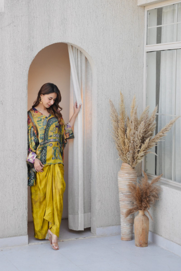 the boozy button So Matcha yellow silk Drape skirt and top