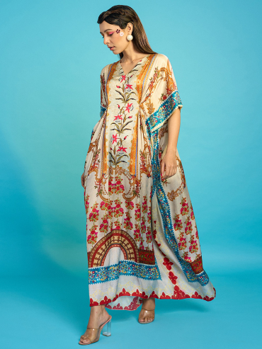 The Boozy Button Spring Red Satin Silk Long Kaftan