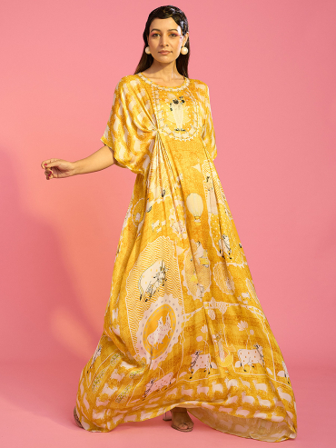 The Boozy Button Sunshine E Nandi Yellow Satin Silk Long Kaftan
