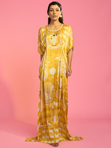 The Boozy Button Sunshine E Nandi Yellow Satin Silk Long Kaftan