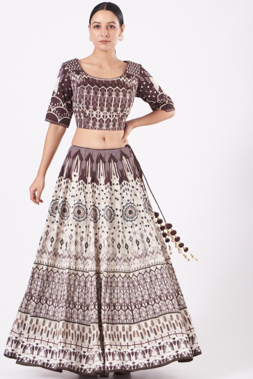 The Boozy Button Ivory & Dark Brown Satin Silk Lehenga Set