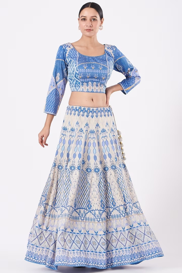 The Boozy Button Ivory & Blue Satin Silk Lehenga Set