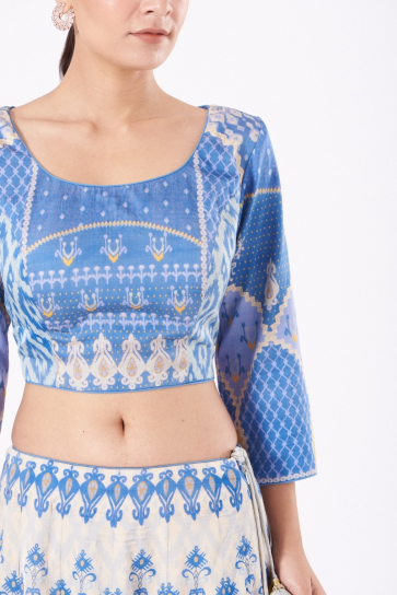 The Boozy Button Ivory & Blue Satin Silk Lehenga Set