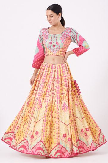 The Boozy Button Yellow & Pink Satin Silk Lehenga Set