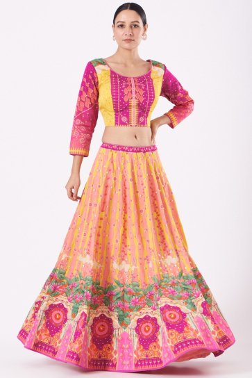 The Boozy Button Mustard & Pink Satin Silk Lehenga Set