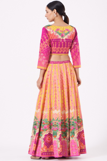The Boozy Button Mustard & Pink Satin Silk Lehenga Set