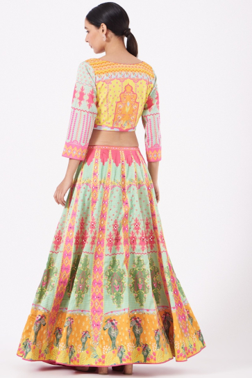 The Boozy Button Mint & Yellow Satin Silk Lehenga Set
