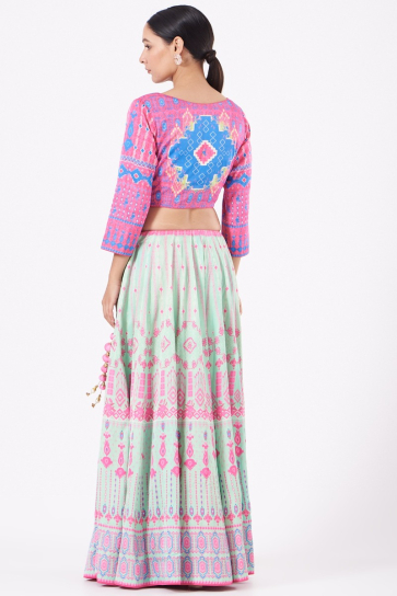 The Boozy Button Powder Blue & Pink Satin Silk Lehenga Set