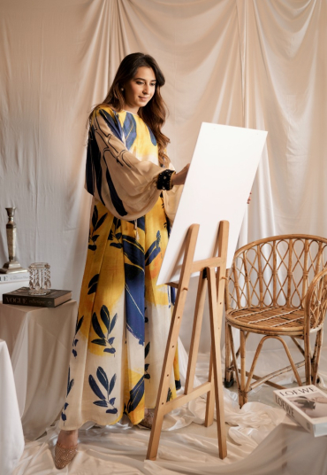 The Boozy Button Walking Art Yellow Cotton Silk Top Pant Co Ord Set Plus Size