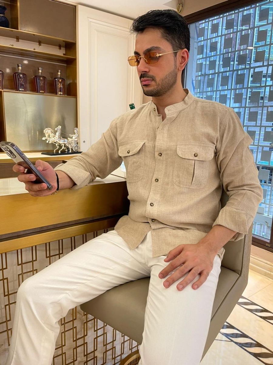 The Boozy Button Jackson Formal Cream Linen Shirt With Double Pockets